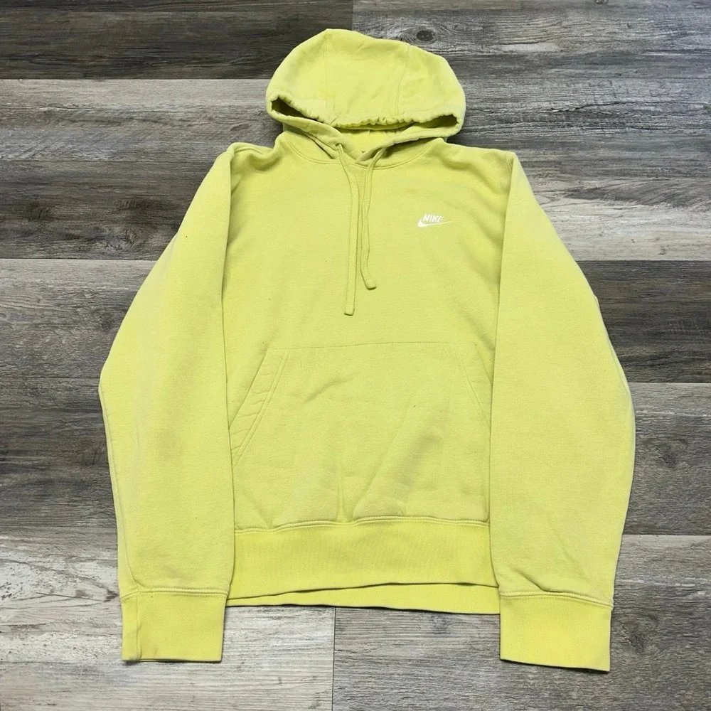 Nike Bright Lime Green Mens S Club Fleece Spellout Mini Swoosh Pullover‎ Hoodie